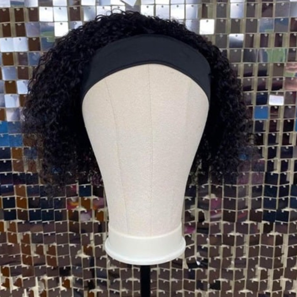 Natural Black Deep Wave Headband Wig 12" Human Hair Bob Wig 150% Density Curly